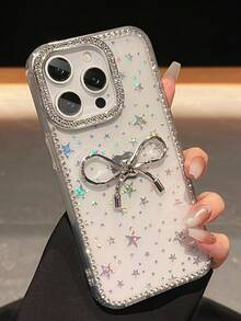 奢华 3D 珍珠蝴蝶结闪光水钻贝壳图案手机壳适用于 17ProMax 17Pro 17Air 17 16 15 14 13 12 Pro Max 11 时尚闪亮后盖 - 蝴蝶結 - 查看 2