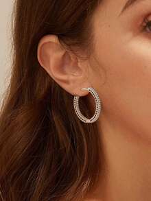 Pendientes de aro grandes de circonita cúbica de plata de ley 925 para mujer, regalo de joyería para fiestas, bodas y compromisos - Plateado - Ver 5