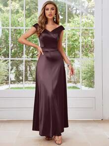 MUXXN 1950er Jahre Vintage Satin V-Ausschnitt Cocktailkleid - Schokoladenbraun - Übersicht 3