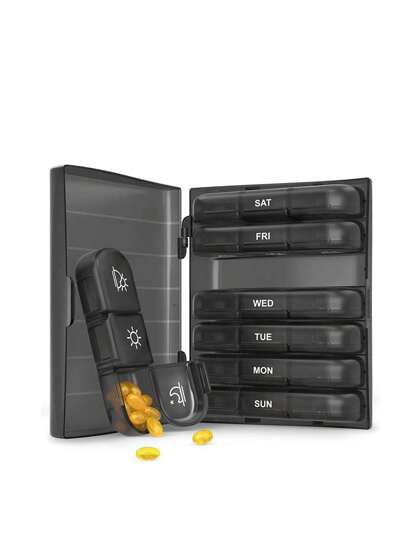 1 Set Of 7-Day Portable Pill Storage Box (7 Dispensing Boxes+1 Storage Box), Medicine Box,Pill Holder, Pill Container, Candy Box Pill Organizer, Pill Box, Pill Case,Multi-Color Travel Medicine Storage Container With Compartments, Used For Organizing Morning/Afternoon/Evening Medicines, 21 Grid Black Medicine Box Classification Box, Portable Medicine Box Plastic Sorting Box