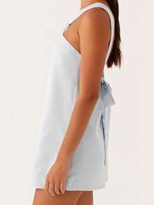 Women Twist Knot Mini Dress Halter Neck Cross Tie Back Club Party Short Dress Summer Sleeveless Casual Vacation Sundress - 藍色 - 查看 6