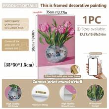 1 件，帆布挂画，墙面艺术，海报，易于悬挂，迪斯科球花瓶中的郁金香，粉色学院风墙面艺术，时尚花卉绘画，俏皮的房间装饰，镜面球印花，美丽的少女印花，可选画框 - 彩色 - 查看 16