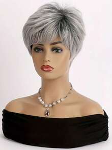 1 peruca feminina elegante cinza ombré, cabelo sintético macio e fofo, fibra de alta temperatura, touca de rede rosa, estilo reto com densidade de 150%