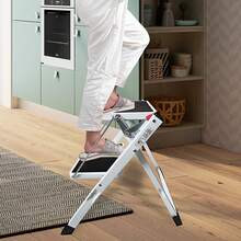 Vandise Heavy Duty Steel Step Stool Ladder - Foldable Compact Portable Platform Ladder With Non-Slip Pads For Adults & Kids - Multi-Functional Small Stool For Kitchen Bathroom Camping Office (Can Sit On) | Adjustable Steel Step Stool | Folding Metal Ladder With Anti-Slip Surface | Compact Multi-Purpose Stool For Home Use - Black and White - View 7