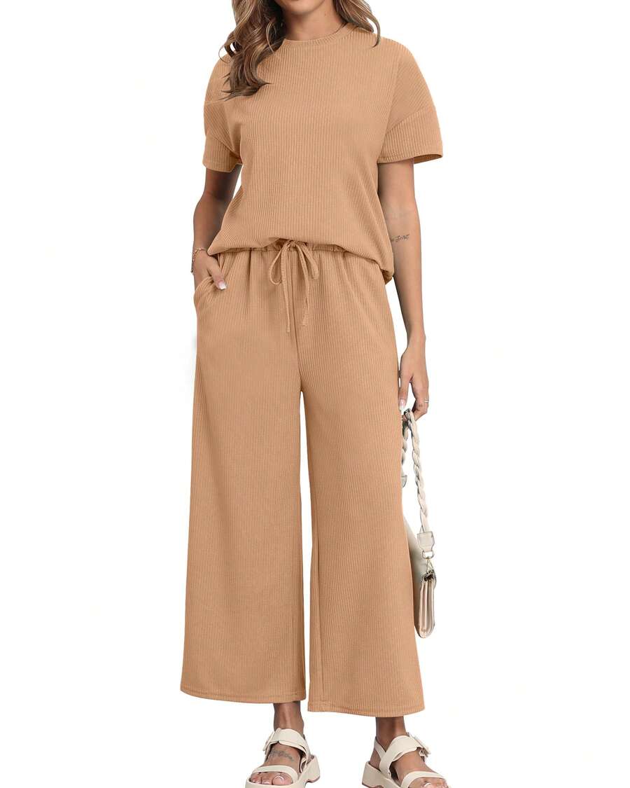 2pcs Women's Solid Knit Casual Vacation Drawstring Short Sleeve Top And Pants Set, Lightweight - Màu Khaki - Xem 1