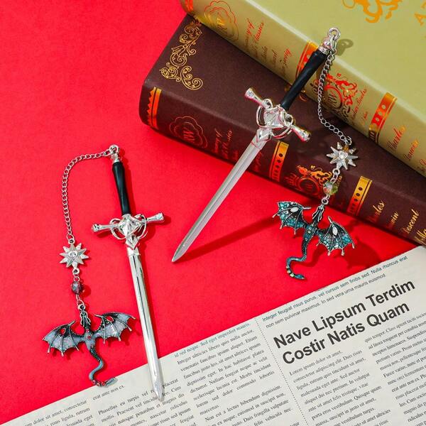 2 piezas Marcapáginas de espada de dragón fantasy - Cuarto marcador de página estilo alas Regalos de dragón fantasy para lectores hombres como regalos de cumpleaños, útiles escolares, de vuelta a la escuela