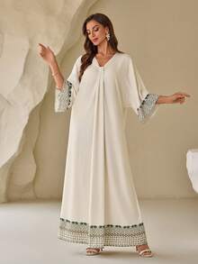 1 Stück Damen V-Ausschnitt Fledermausärmel-Kleid im arabischen Stil, zufälliges Blumenmuster, modisch - Aprikosenfarben - Übersicht 2