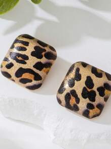 1 Pair Retro Leopard Print Geometric Square Matte Ear Clips, Unique Jewelry Earrings For Women, Holiday Party Exaggerated Gift