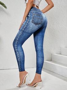 女士牛仔印花瑜伽紧身裤 - 高腰收腹提臀，透气四向弹力运动紧身裤，带假口袋（通勤、健身、休闲） - 牛仔褲 - 查看 2