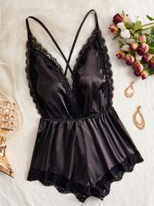 新款女士性感内衣，可调节交叉背带，深V领露背性感泰迪蕾丝缎面舒适家居服连体睡衣
