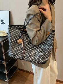 SHIMEINI 2025 New Fashion Women's Handbag, Large Capacity Commuter Niche Design Shoulder Bag, Casual Versatile Simple Stylish Tote Bag, Comfortable Material PU Texture Color Blocking Diamond Quilted Zipper Closure, Comfortable Dual Shoulder Straps, Spacious, Autumn/Winter (Note: No Pendant Included) - Black - View 1