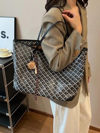 SHIMEINI 2025 Nouveau sac à main mode femme, sac à bandoulière de grande capacité à design de niche pour les navettes, sac cabas décontracté polyvalent et simple avec style, matériau confortable en PU texture color block matelassé diamant avec fermeture éclair, bretelles d'épaule double confortables, spacieux, automne/hiver (Remarque : sans pendentif inclus)