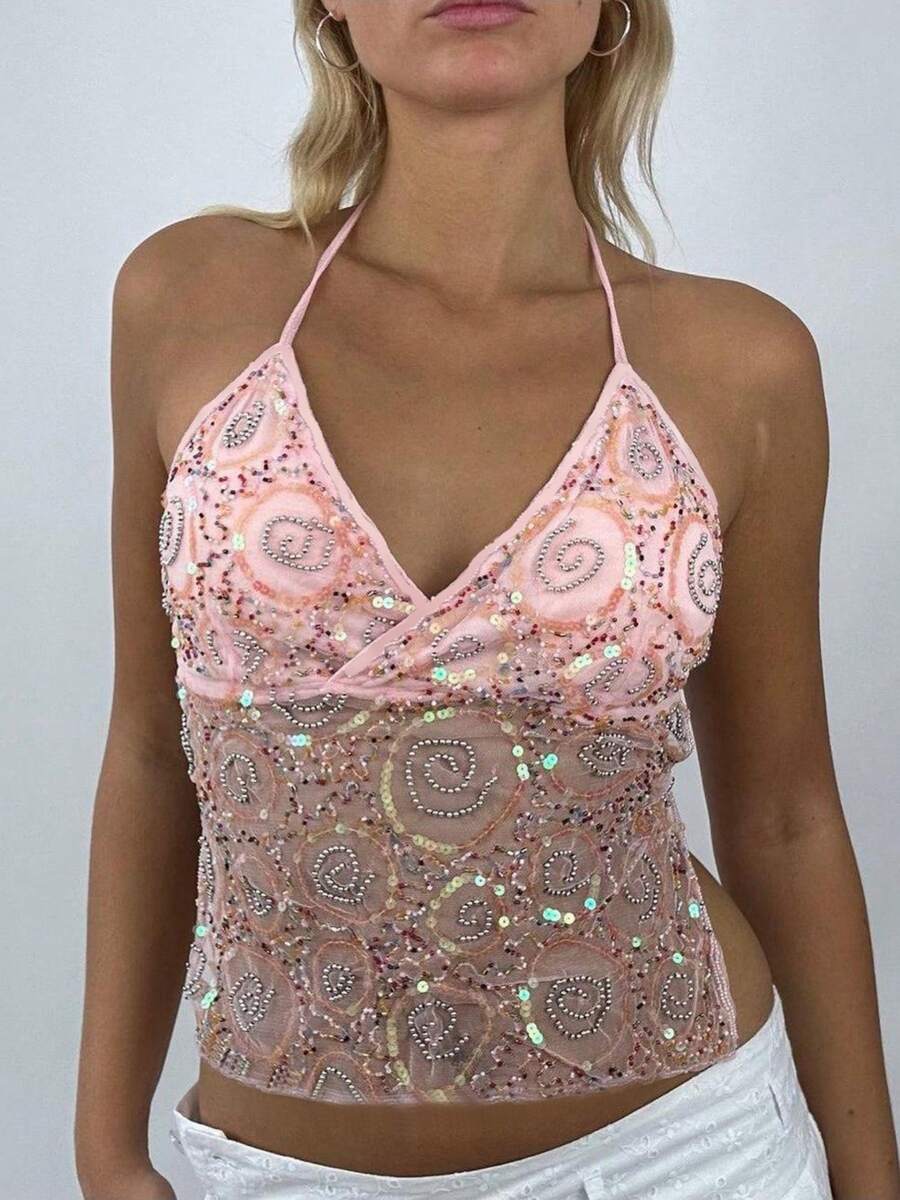 Summer Sequin Tops For Women Y2k Halter Crop Cami Tops Sparkly Spaghtti Strap V Neck Backless Sexy Tank Tops Sheer Mesh Camisole Top Sexy Going Out Tops Vintage Clubwear Aesthetic Clothes 2000s - 粉色 - 查看 1