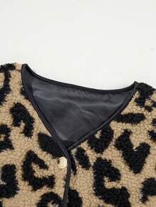 Acelitt Chaleco de piel sintética con estampado de leopardo y contraste de color, chaqueta de forro polar de solapa única para mujer, abrigo de invierno para vacaciones - Albaricoque - Ver 6