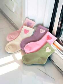 5 双儿童数字条纹中筒袜，简约设计，四季皆宜，适合学生返校/休闲日常穿着 - 彩色 - 查看 4