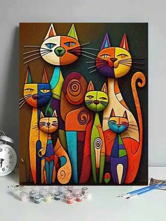 Abstract Painting Peculiar Cat Digital Oil Painting DIY Kit Set, Birthday Gift Educational Puzzle, No Painting Skills Required, Can Be Hung As Wall Decor, Easy To Complete Beautiful Artwork