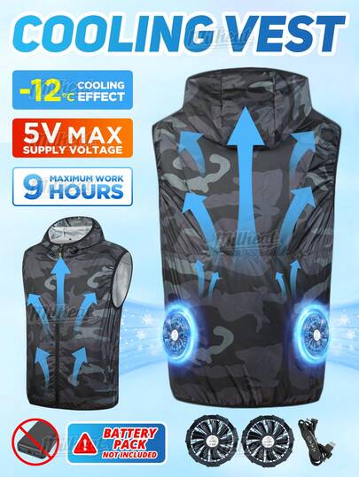 夏季无袖拉链降温背心，男女皆宜（不含电池组） - 双风扇系统，3 速可调风扇背心，适合炎热天气、园艺、登山、跑步、徒步旅行、骑自行车、高温工人、夏季活动