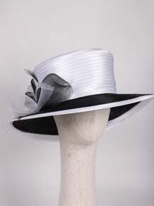 HIMESPORT Sombreros de boda para mujer verano 2025 - Bombín vintage con ribete de cinta de encaje, sombrero de cúpula elegante de ala ancha para el té, la iglesia y los accesorios nupciales, diseño de copa plana ajustable negro/blanco