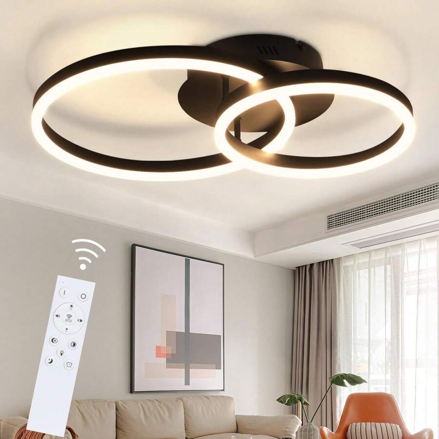 LED 吸顶灯，客厅吸顶灯 - 黑色客厅灯，现代调光，带遥控器，46W，双环，适用于卧室、书房、办公室、厨房、酒店、餐厅、饭厅 - 黑色 - 查看 1