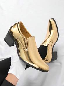 Men's Glossy Pointed Toe Slip-On Dress Shoes, Business Formal Casual Elevator Shoes - Gold - View 2