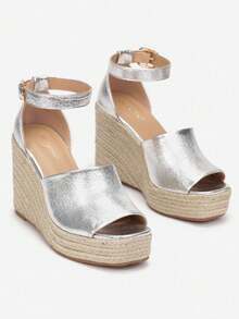 Sandalias de cuña alta con detalle de cuerda, acabado metálico, de verano - Plateado - Ver 3