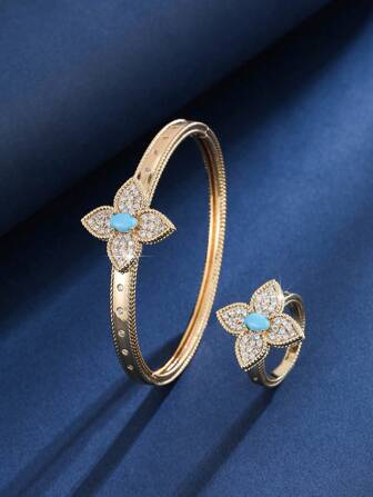 2 pièces Ensemble de bijoux : bracelet et bague, mode minimaliste, design trèfle en zircone, style de luxe, convient comme cadeau ou pour un port quotidien/festif, pour femmes