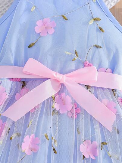 Young Girls' Summer Casual Elegant Sleeveless Floral & Plant Mesh Strap Dress With Belt Decor