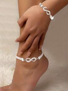 2pcs Fashion Elegant Minimalist Sparkling Rhinestone Infinity 8 Bracelet & Anklet 2-In-1 Jewelry Set, High-End Personalized Basic Style, Suitable For Layering, Beach, Party, Date, Gift, Daily Matching - Silver - View 6