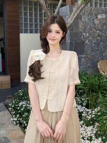 夏季新款中式立领衬衫，时尚上衣 - 杏色 - 查看 4