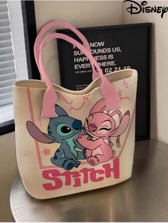 Disney 1 pieza (Autorizado por Disney) Bolso de lona con estampado de dibujos animados sencillo y de moda de las series Stitch, Mickey Mouse, Princesa Disney, PLUTO. Bolso de tote portátil para niñas.