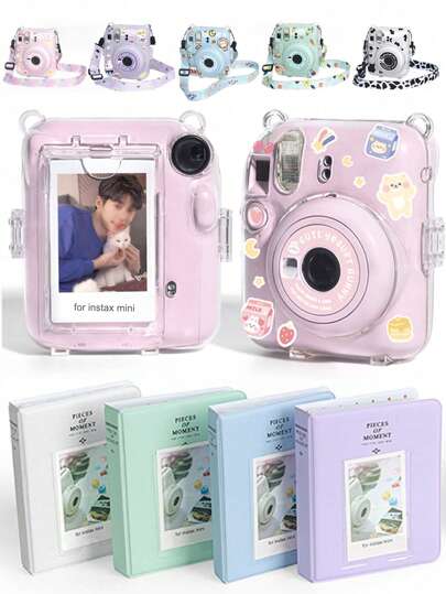 3-in-1 transparente Schutzhülle, Trageriemen, Aufkleber kompatibel mit Mini 12 Foto Sofortbildkamera, inklusive 3-Zoll Fotoalbum