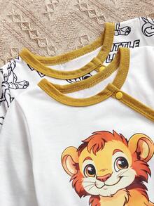 2pcs/Set Comfortable Breathable Infant Jumpsuit With Cute Lion Pattern, Contrast Color Ruffled Leg Opening, Single Breasted Design, Long Sleeve Footed Romper With Hat & Bib, Suitable For Daily Wear