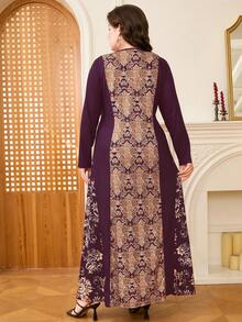 Solessence Plus Size Elegant Vintage Print Patchwork Dress - Purple - View 2