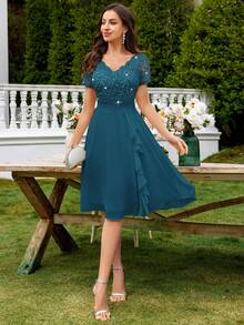 MIUSOL V-Neck Sequin Floral Lace Ruffle Hem Chiffon Ballgown, Elegant Women's Party Dress, Suitable For Formal Parties, Vacations, Homecoming, Graduation Ceremonies And Other Occasions - Dusty Blue - View 11