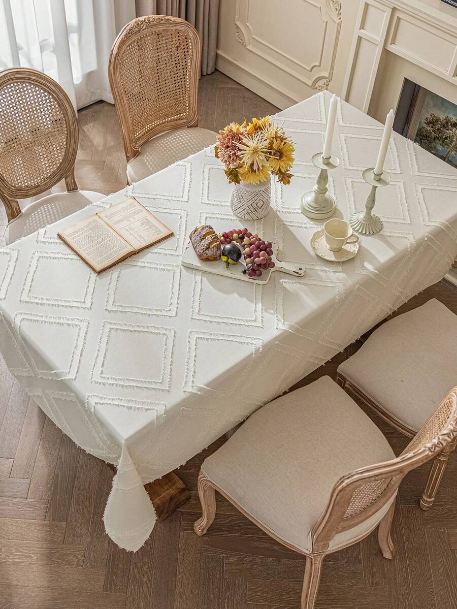 1pc Diamond Pattern Tablecloth, Solid Color American Style, 3D Cutout Craftsmanship, Machine Washable, Suitable For Farmhouse Decor, Dining Table, Coffee Table, Nightstand, Bookshelf, Birthday Party, Outdoor Camping, All Seasons, Autumn Decor - Beige - View 1