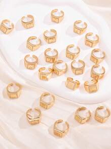 1pc Fashion Minimalist Gold-Color Square 26 Letter Design Ring, Elegant Birthday Holiday Gift For Teenagers, Suitable For Everyday Wear