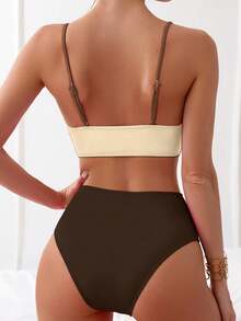 Women's Beach Vacation Color Block High Waist Bikini Set,V Neck Sarong Twist Front Tummy Control Push Up Swimwear - 棕色 - 查看 4