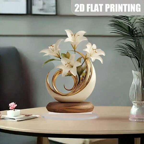 ديكور زهور أكريليك مسطح بوهيمي - 4 زنابق بيضاء بتفاصيل ذهبية، ديكور منزلي ربيعي للغرفة المعيشية والنوم والمكتب - هدية مثالية لعيد الأم، عيد الفصح ، ديكور سطح المكتب | فن المائدة الزهرية | تفاصيل بتلات معقدة ، ديكور منزلي بوهيمي