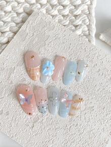 10pcs/Set Handmade Almond Shaped Carved Blue & Pink 3D Butterfly High-End French Shell Nail Art Tips, Reusable, Suitable For Girls, Birthday Parties And Elegant Daily Use, Comes With 1pc Jelly Glue And 1pc Nail File