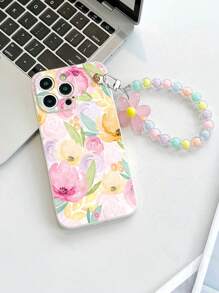 1 pieza Funda de teléfono a prueba de golpes con diseño de flores acuarela ditsy de TPU blanco y 1 pieza Pulsera con flores rosas y cuentas, compatible con iPhone 15 Pro Max, A14, A54, A52, A31 4G, A23, Redmi Note 8 Pro, Note 11 Pro 4G, Note 12 4G, OPPO A54