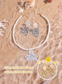 Set de 2 piezas de collar y aretes de estilo bohemio de playa con conchas y estrellas de mar que cambian de color con los rayos UV, joyas de playa que cambian de color sensibles a los rayos UV