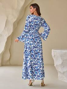 Elegant Floral Print Long Sleeve Dress For Women, Modest - Blue - View 4