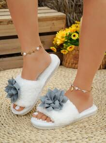Pantuflas con lazo y plumas decorativas, de punta abierta, suaves y cómodas para todas las estaciones, color blanco