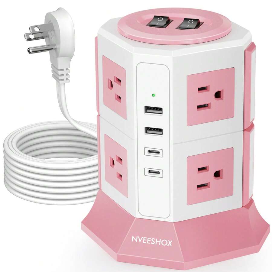 Ultra Flat Plug Surge Protector Power Strip Tower, 8 AC Outlets 4 USB Charger Ports(2 Type-C),NVEESHOX 6.5 Ft Flat Ultra Flat Extension Cord, Compact Desk Charging Station For Office, School, Dorm - 查看 1