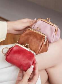 1 pieza Monedero de piel genuina con estilo vintage, organizador compacto de joyas y anillos con cierre de beso, bolsa de almacenamiento retro para llaves y dinero en efectivo, estuche de joyas ligero y portátil para uso diario de mujer, organizador de viaje y almacenamiento para dormitorio escolar