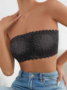 1pc Women's Seamless Bandeau Bra, Lightweight, Shaping, Anti-Sagging, Sexy Leopard Print Wavy Trim Bra