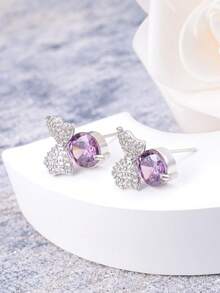 925 纯银防过敏方晶锆石蝴蝶耳钉，时尚优雅，可作为生日礼物 - 銀色 - 查看 4