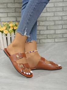 Damskie wygodne płaskie sandały casualowe, buty z odkrytymi palcami i paskiem na kostce w jednolitym kolorze, codzienne sandały outdoorowe - Brązowy - Zobacz 3