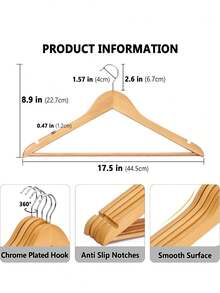 Wooden Clothes Hanger, Adult Size, With Non-Slip Grooves And 360° Rotating Hook, Suitable For Shirts, Jackets, Sweaters, Pants And Other Garments, Natural Wood Color