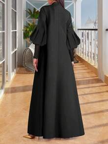 Women's Middle Eastern Dress, Solid Color High Neck Long Sleeved Extended Loose Muslim Robe - Black - View 2